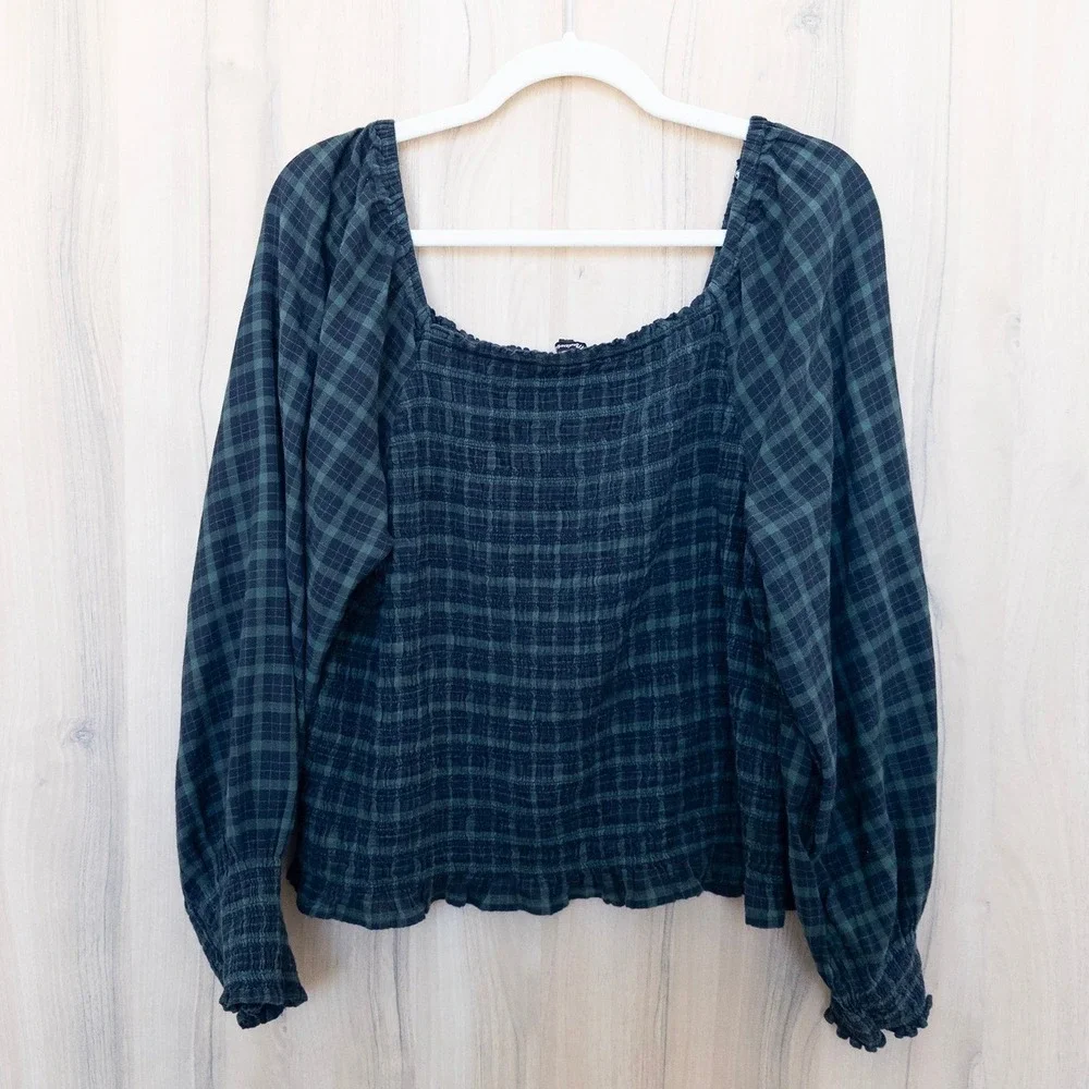 Madewell Plaid Long Sleeve‎ Top 1X Green Blue Smocked Academia Cottage Preppy